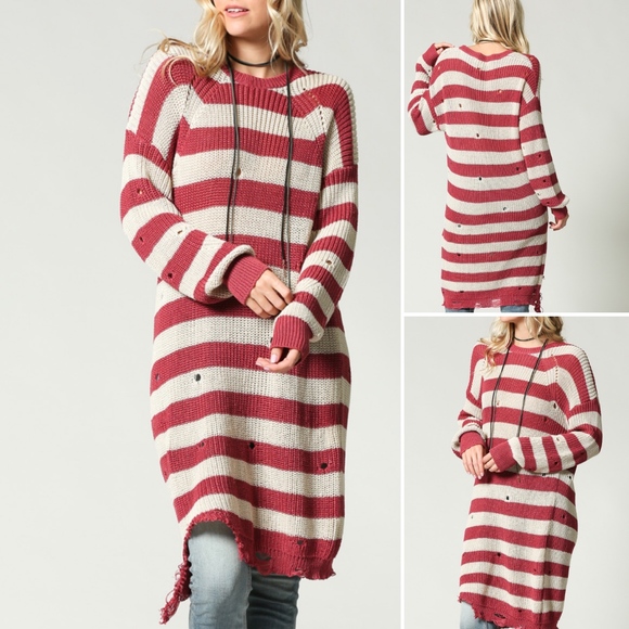 ✅NEW ARRIVAL➡️Striped Distressed Sweater Dress - Picture 1 of 6